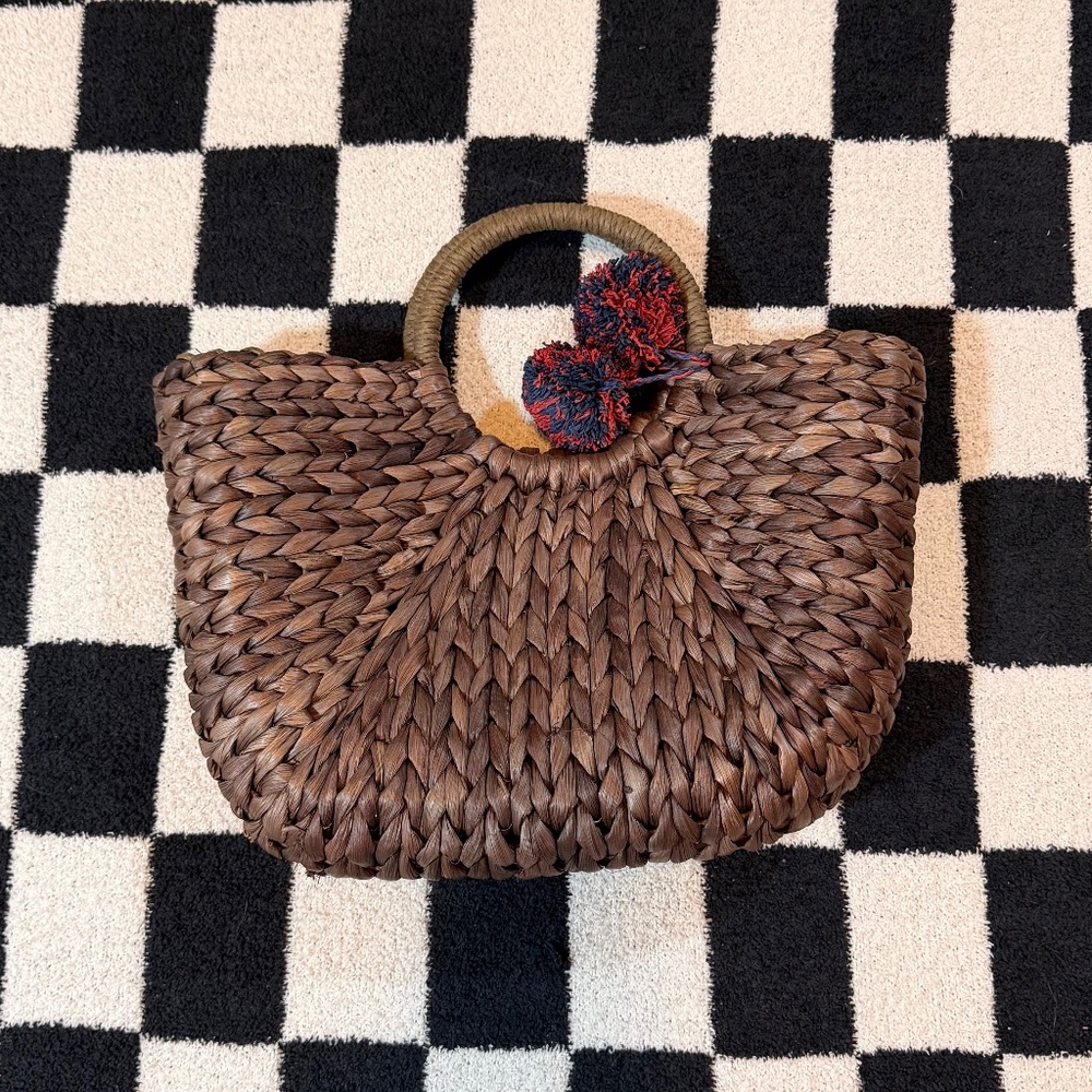 unbranded brown straw tote paper basket handbag with pom-pom charms